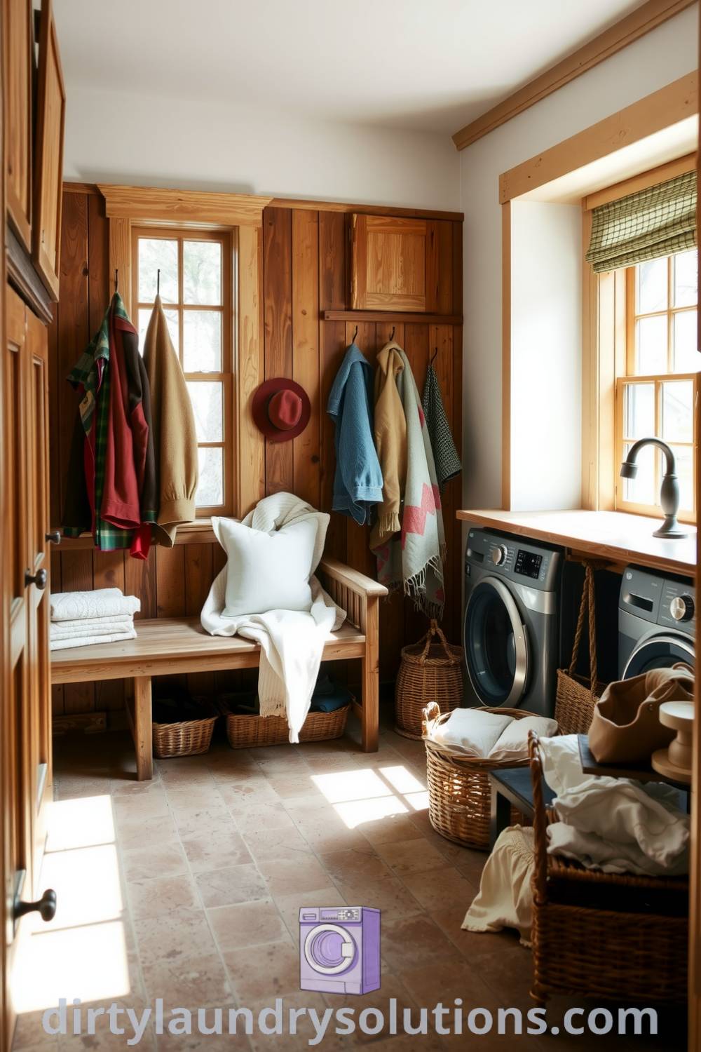 Cozy farmhouse mudroom laundry with rich wooden cabinetry, stone countertops, inviting bench with quilts, and organized hooks for jackets, creating a warm and practical atmosphere. Explore unique ideas for your home at dirtylaundrysolutions.com.