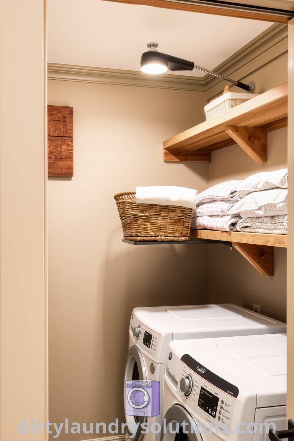 Cozy laundry nook featuring rustic wooden shelves, soft natural lighting, wicker basket, and neatly folded linens, creating an inviting and charming atmosphere for busy homes. Explore inspiring ideas for your home at dirtylaundrysolutions.com.