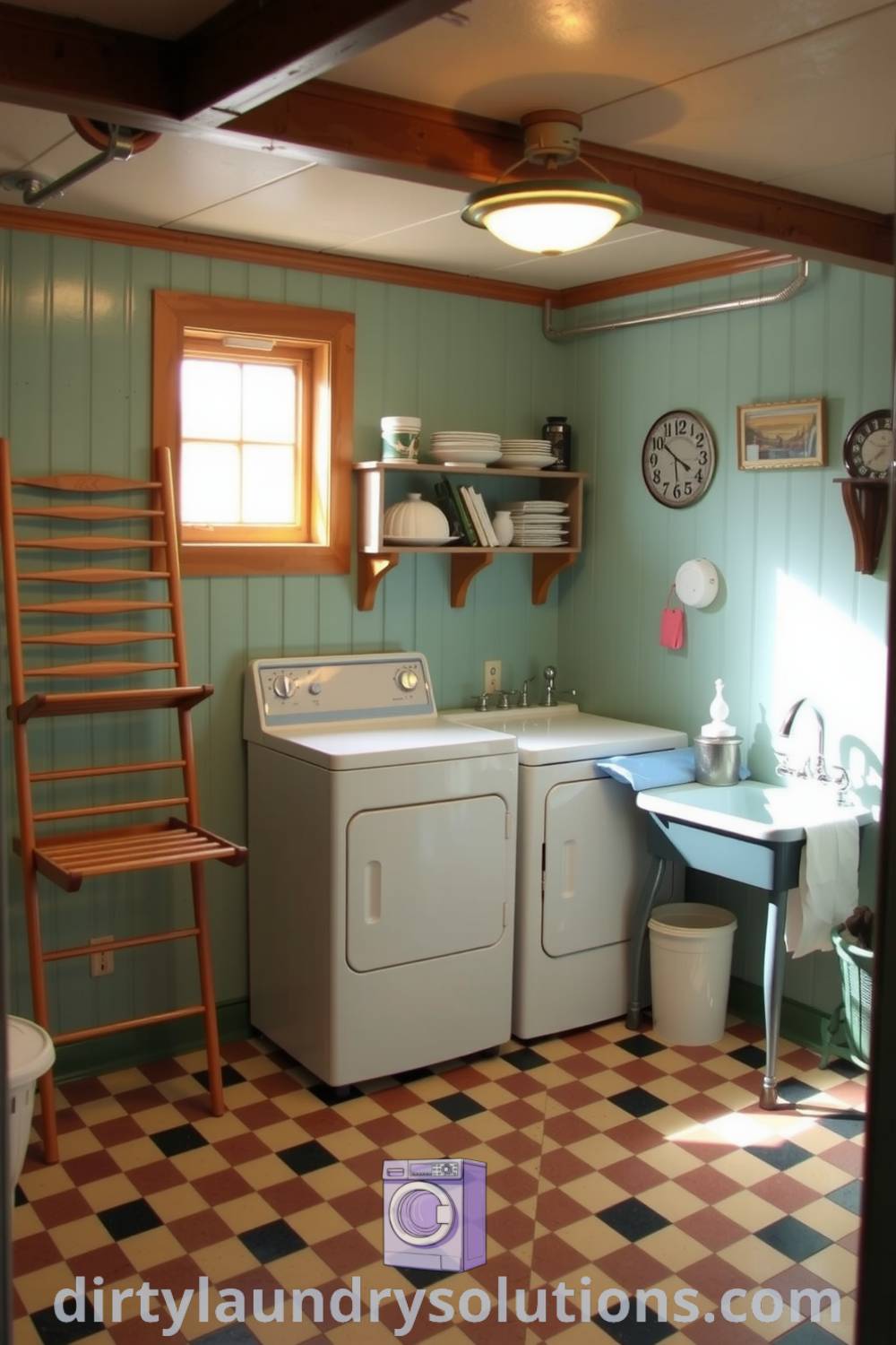 Cozy retro laundry room with mint green walls, vintage checkerboard tiles, wooden drying rack, and porcelain sink, creating a nostalgic and inviting atmosphere. Explore unique ideas for your home at dirtylaundrysolutions.com.