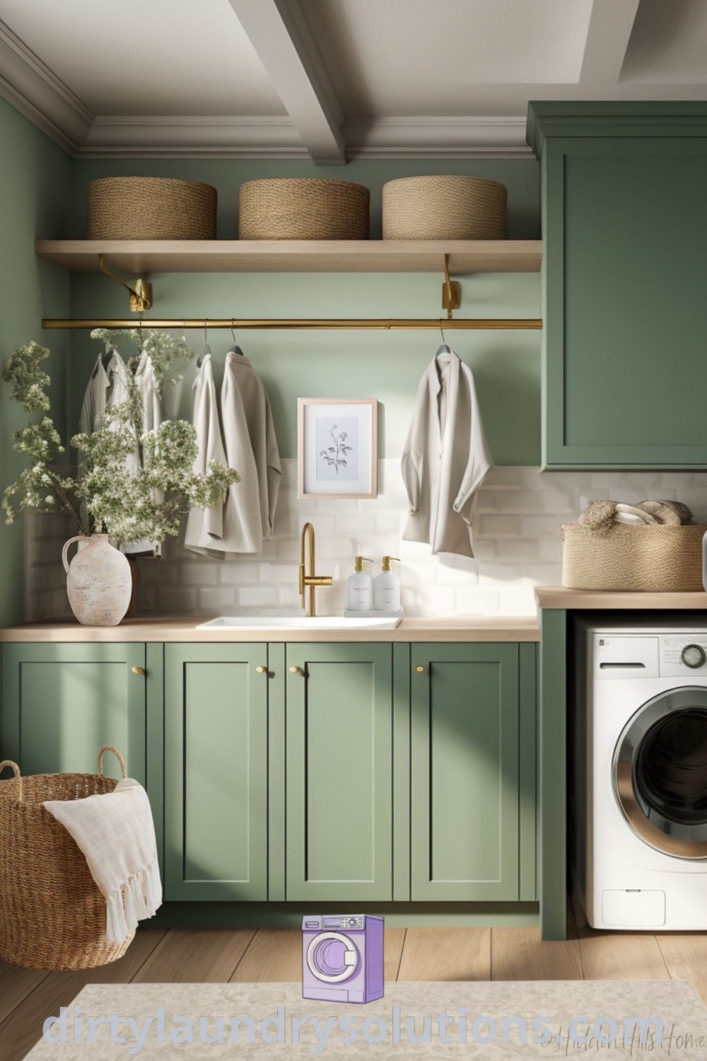 A cozy laundry room with a washer and dryer in green cabinets, showcasing inspiring storage and organization ideas. Discover charming decor and unique solutions for your home at dirtylaundrysolutions.com.