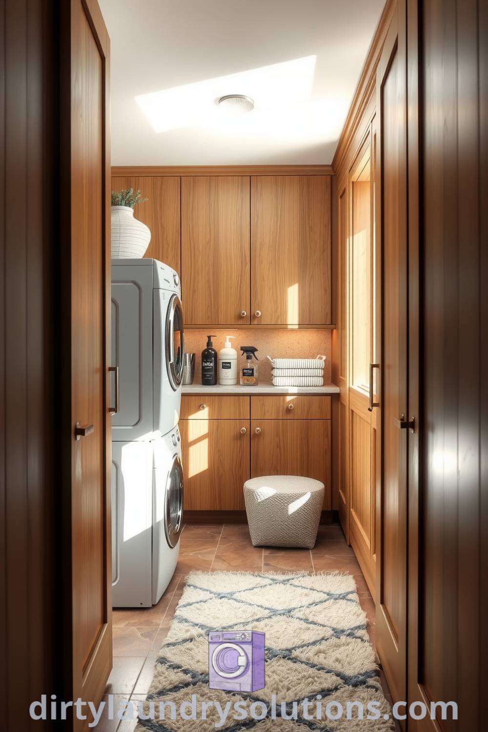 Elegant hidden laundry with warm-hued stone tiles, fine cabinetry for organized storage, soft lighting, and a plush rug, creating a cozy and serene atmosphere. Discover unique ideas for your home at dirtylaundrysolutions.com.