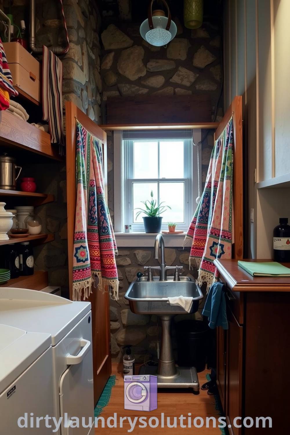 Cozy basement laundry with draped colorful fabrics, rustic wooden drying racks, exposed stone walls, vintage metal sink, potted plants, and inviting decor, perfect for small spaces. Discover unique ideas for your home at dirtylaundrysolutions.com.