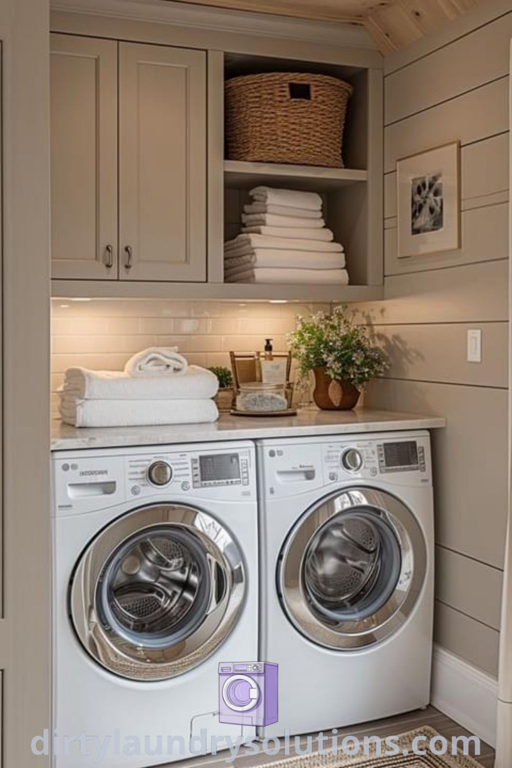A cozy laundry room featuring a washer and dryer in a small space, showcasing organization ideas and a stylish layout. Explore laundry room pantry inspirations and more at dirtylaundrysolutions.com.