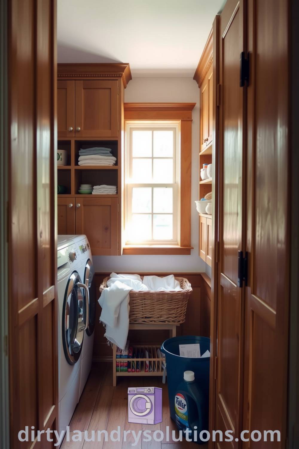 Cozy hallway laundry with warm wooden cabinetry, soft daylight, a basket of fresh laundry on textured stone, and organized shelves, creating a unique and inviting atmosphere for small spaces. Discover more ideas for your home at dirtylaundrysolutions.com.