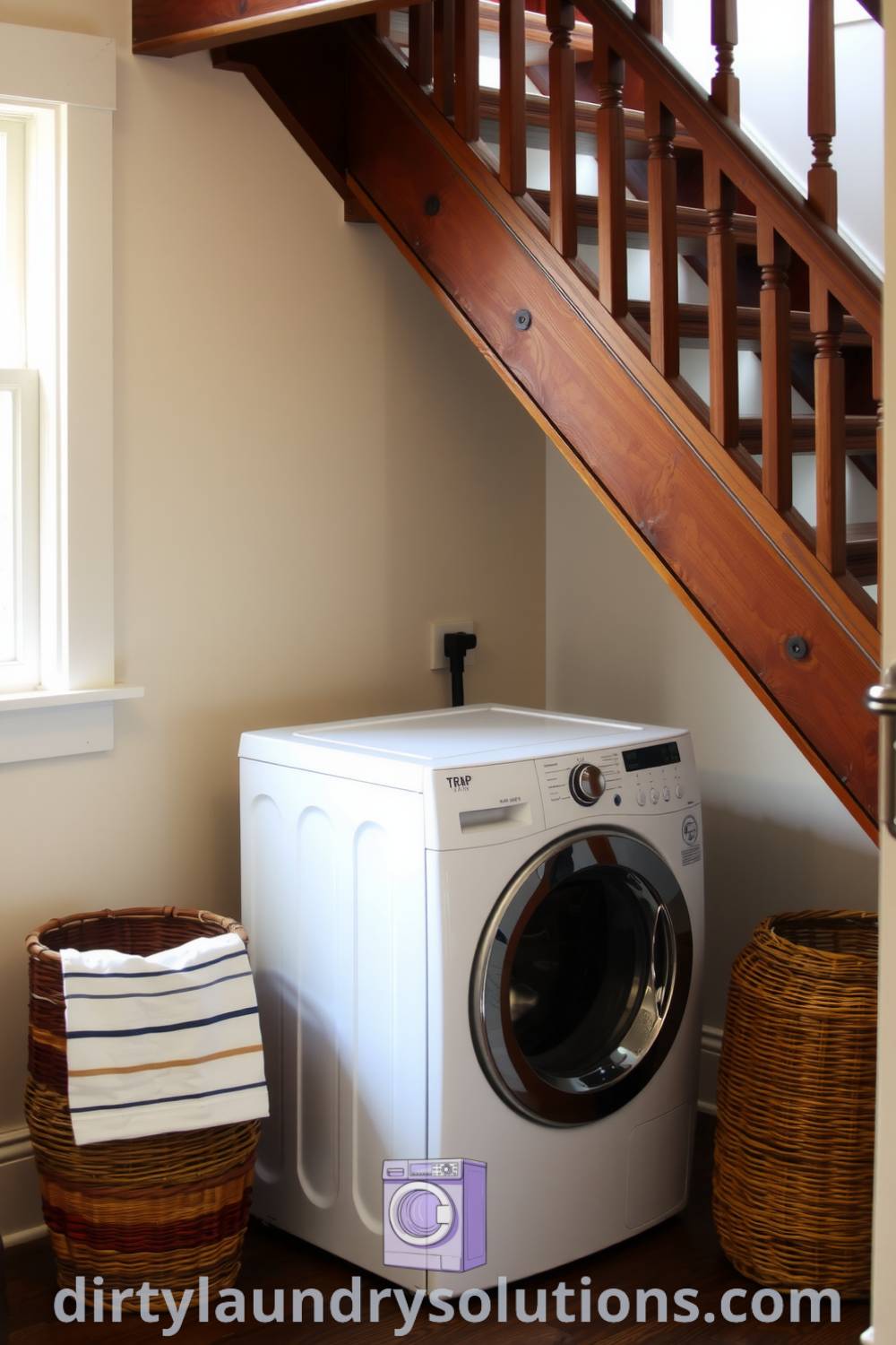 Laundry area featuring a classic white washer and dryer under a wooden staircase, with a wicker basket nearby, warm natural light enhancing the cozy aesthetic. Explore more unique ideas for your home at dirtylaundrysolutions.com.