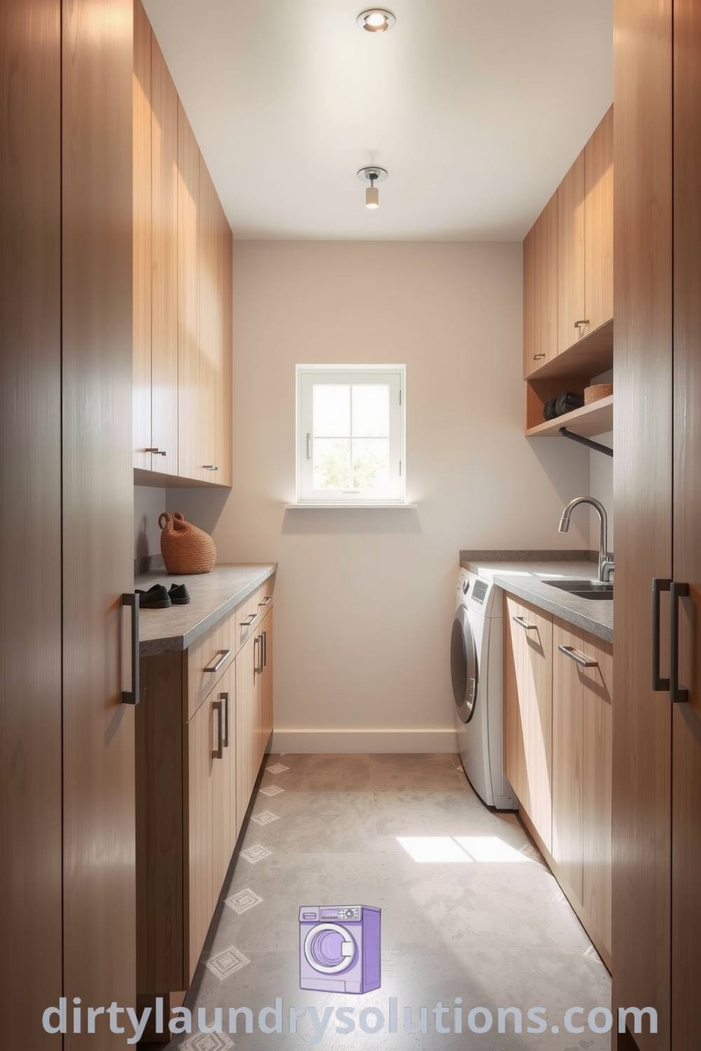 Minimalist mudroom laundry showcasing light wood cabinetry, stone countertop, textured concrete flooring, and natural light for an inviting and organized experience. Discover inspiring ideas for small spaces at dirtylaundrysolutions.com.