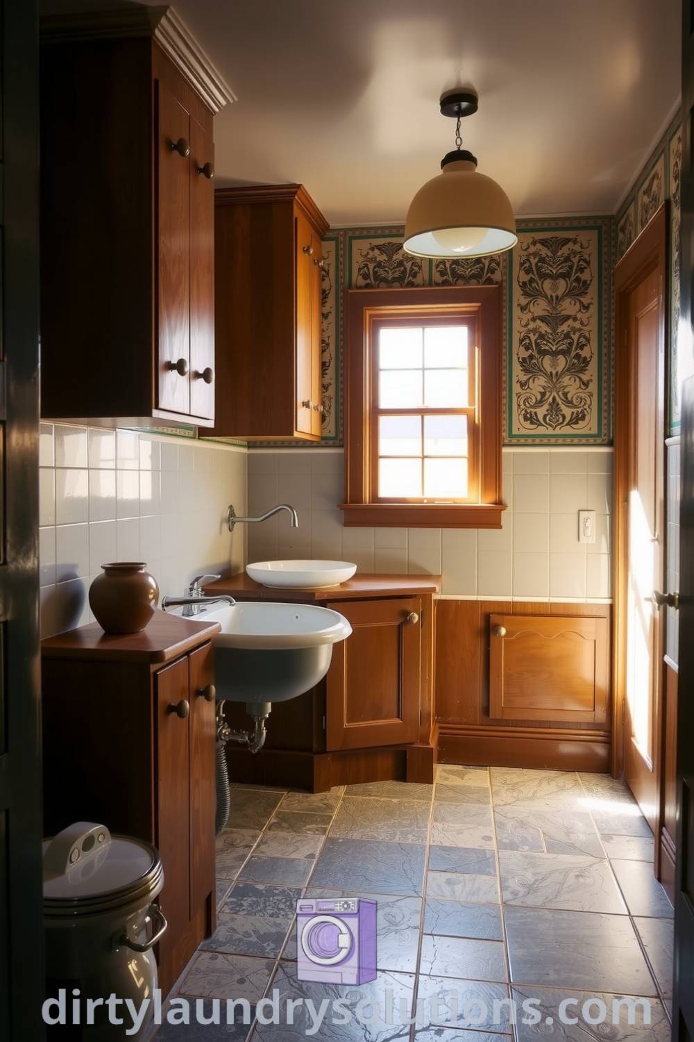 Cozy Art Deco basement laundry featuring geometric patterns, warm wooden cabinetry, vintage washbasin, and pendant lighting, creating an inviting atmosphere with elegant design ideas. Explore unique ideas for your home at dirtylaundrysolutions.com.