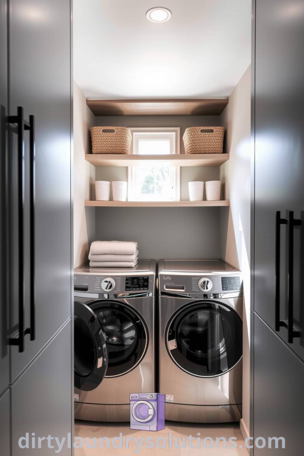 Modern hidden laundry with sleek lines, minimalist design, stainless steel appliances, and organized woven baskets, creating a serene atmosphere perfect for busy homes. Explore unique ideas for your home at dirtylaundrysolutions.com.