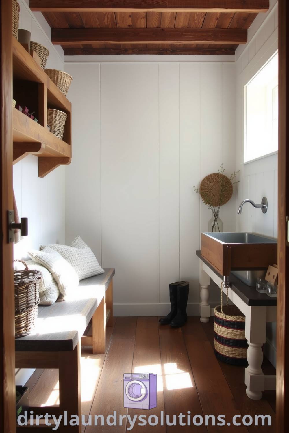 Rustic farmhouse mudroom laundry with reclaimed wood shelving, deep sink, sturdy bench, and woven baskets, creating a cozy and practical space. Find inspiring ideas for your home at dirtylaundrysolutions.com.