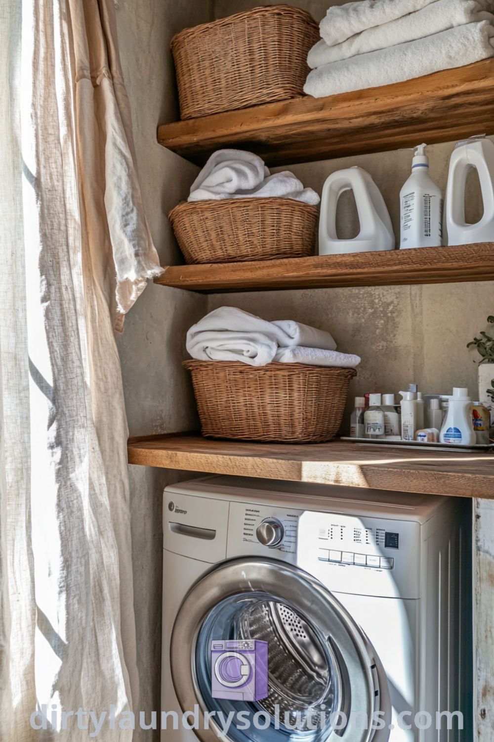 Cozy laundry room retreat featuring worn wooden shelves with organized baskets, a washer and dryer, and soft sunlight streaming through a window. Explore inspiring ideas for small spaces and cozy home solutions at dirtylaundrysolutions.com.