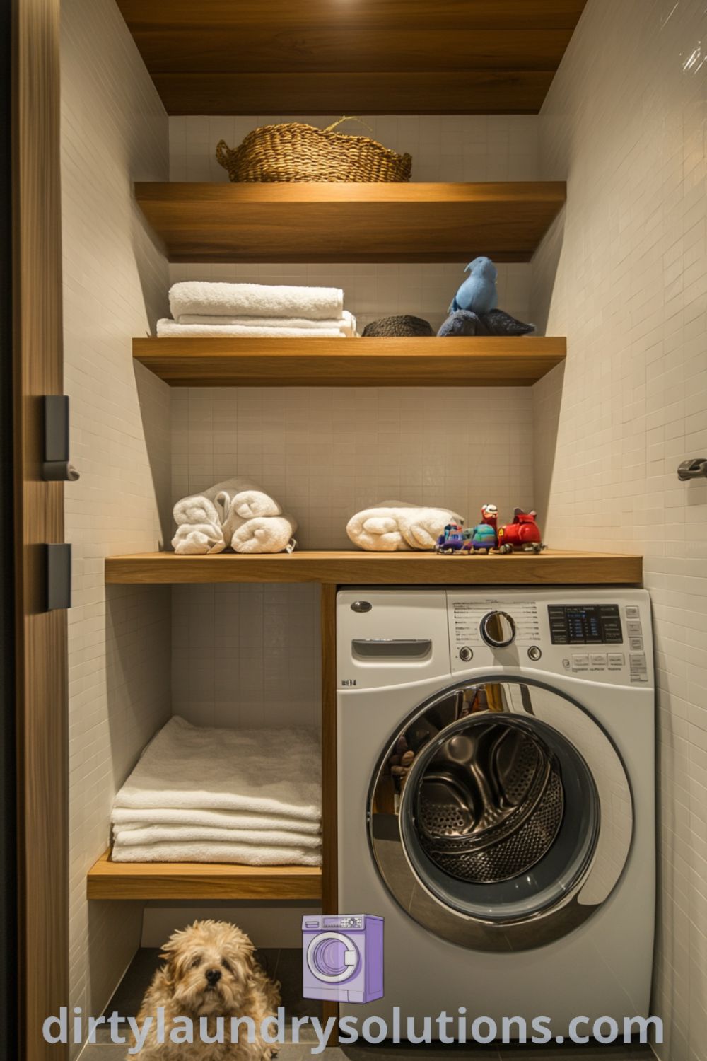 Cozy washer and dryer room featuring warm wood shelves, a pet shower with textured tiles, and natural light, creating a practical yet inviting space. Explore unique ideas for your home at dirtylaundrysolutions.com.