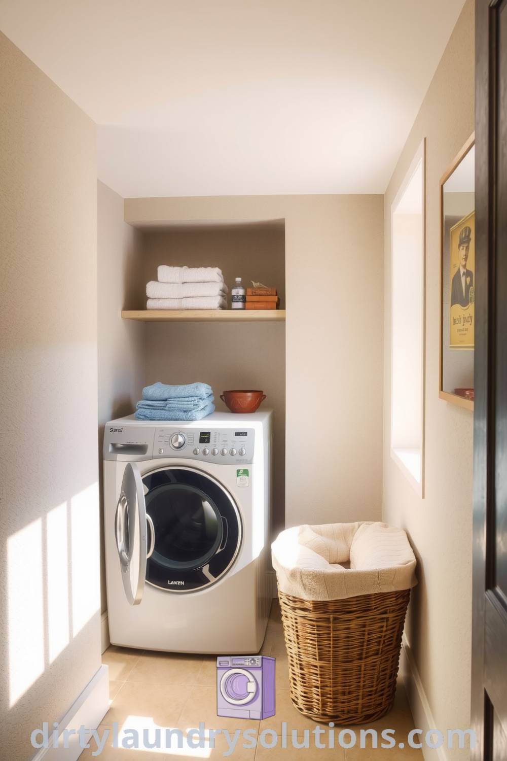 Cozy laundry hallway featuring muted beige and soft grey tones, weathered wood shelves, neatly stacked towels, and a vintage basket, offering inviting and practical design ideas for your home. Visit dirtylaundrysolutions.com for unique ideas to freshen up your space.