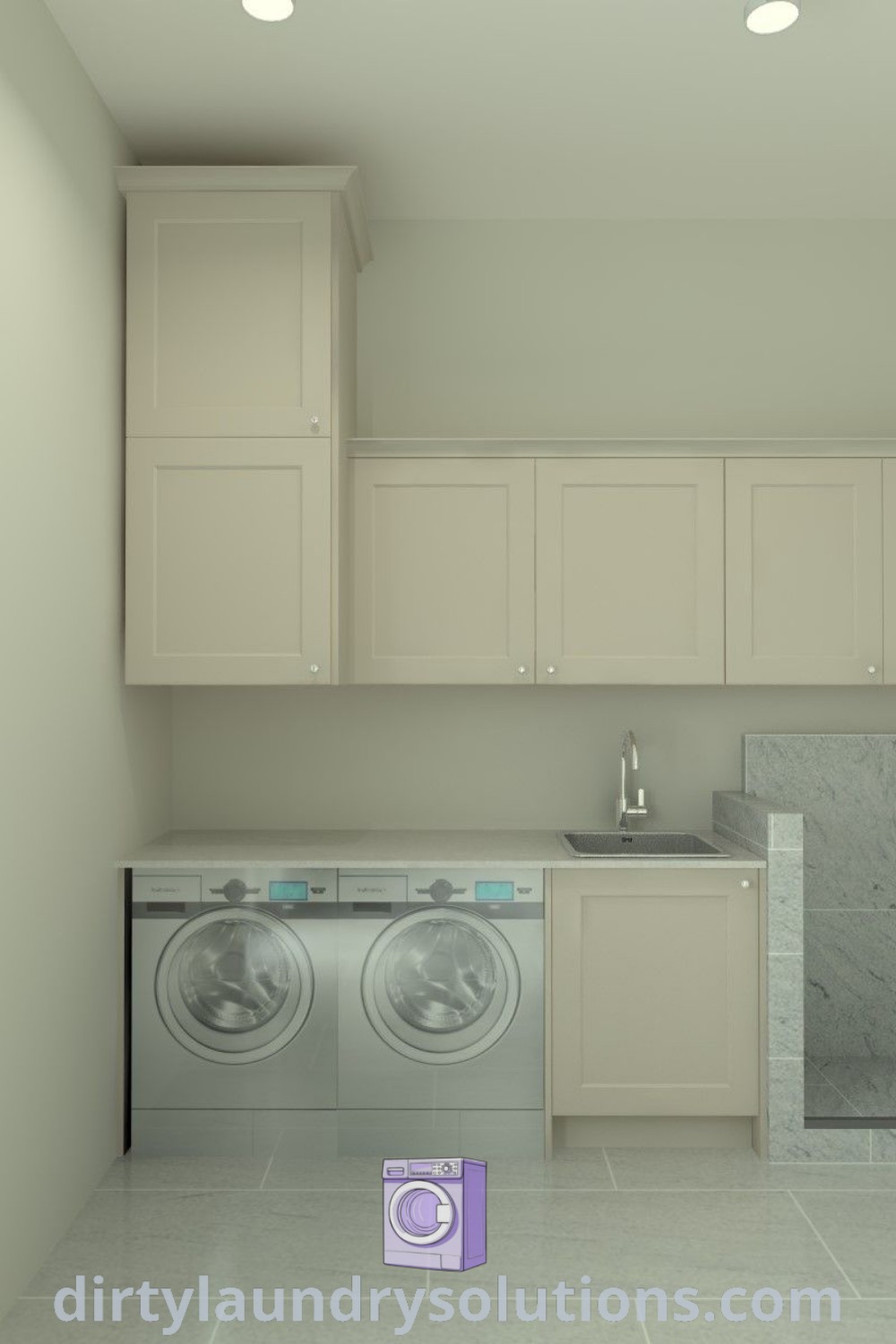 A washer and dryer in a small laundry utility room with white tile flooring, featuring organization ideas and a cozy aesthetic. Explore more inspiring solutions and ideas for your home at dirtylaundrysolutions.com.