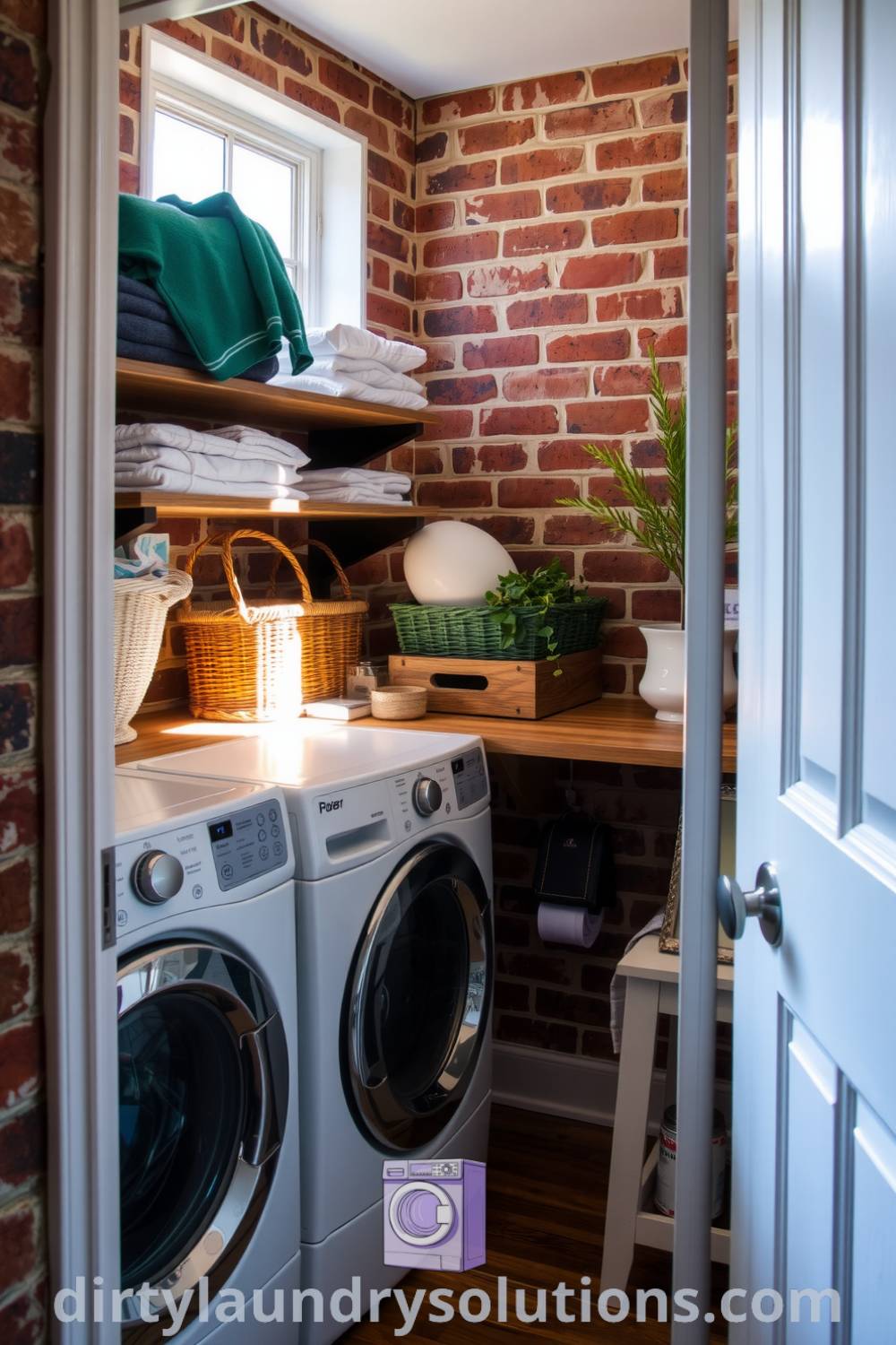 Cozy laundry nook with exposed brick walls, sturdy wooden shelves, colorful baskets, and a warm inviting atmosphere. Explore unique ideas and solutions for your home at dirtylaundrysolutions.com.