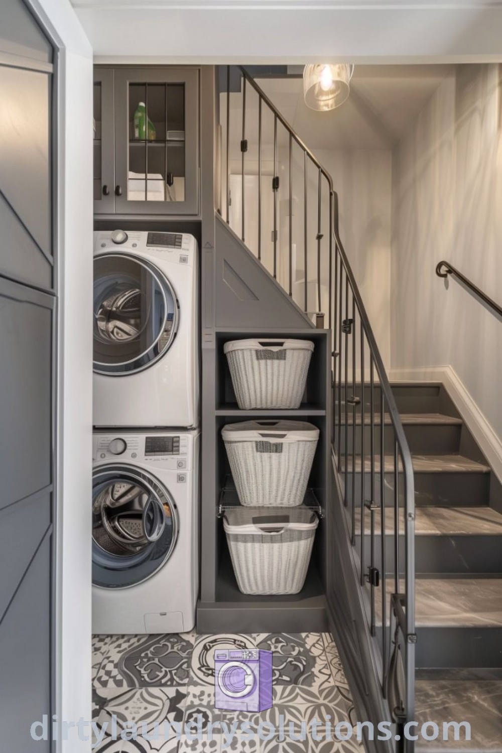 A stacked washer and dryer positioned on the stairs, creating a functional utility space under the staircase. Explore cozy laundry room ideas and organization solutions that make sense for small spaces at dirtylaundrysolutions.com.