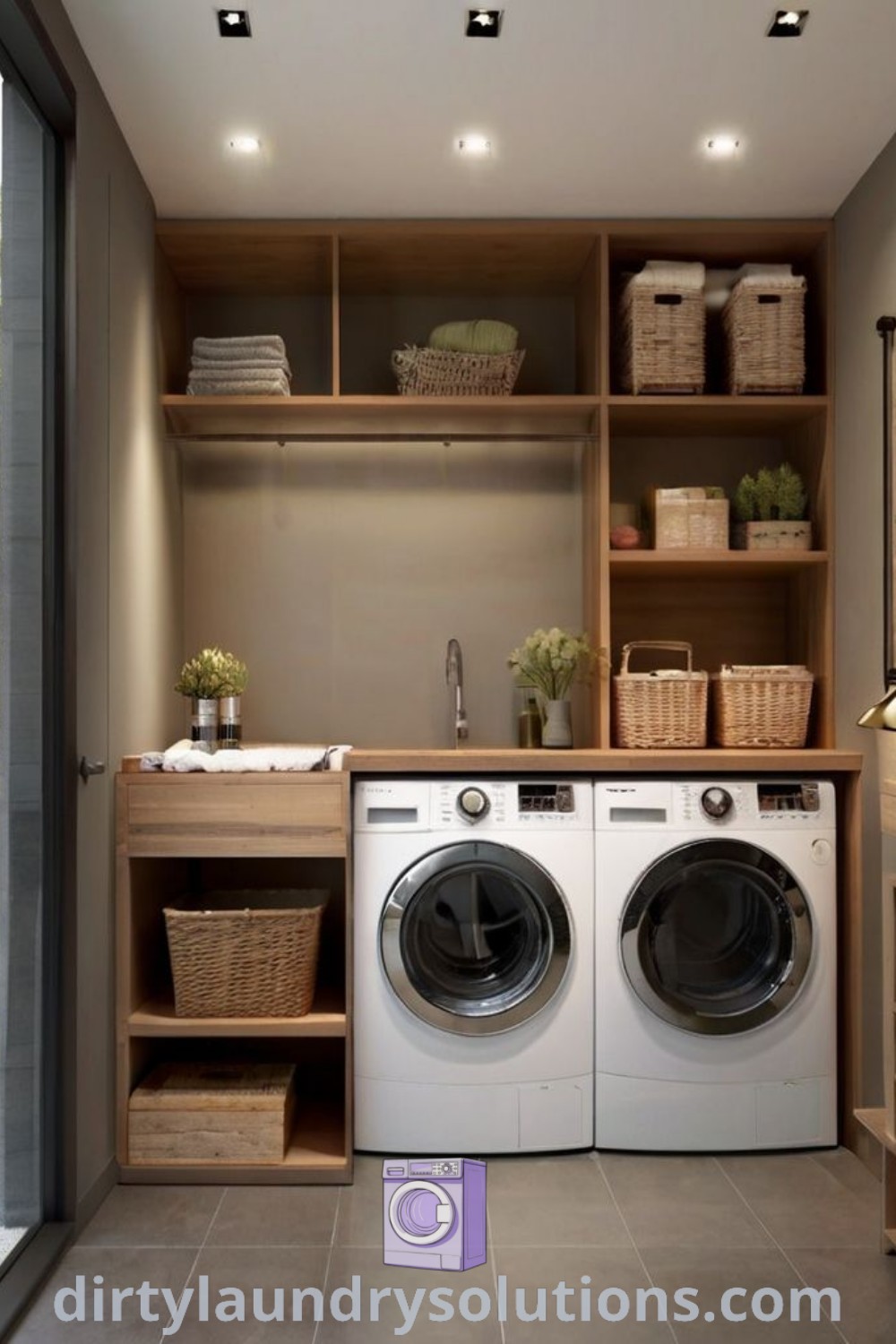 A laundry room featuring a washer and dryer with open shelving on the wall, encapsulating inspiring design ideas for small spaces. Discover unique laundry room solutions and inspirations at dirtylaundrysolutions.com.