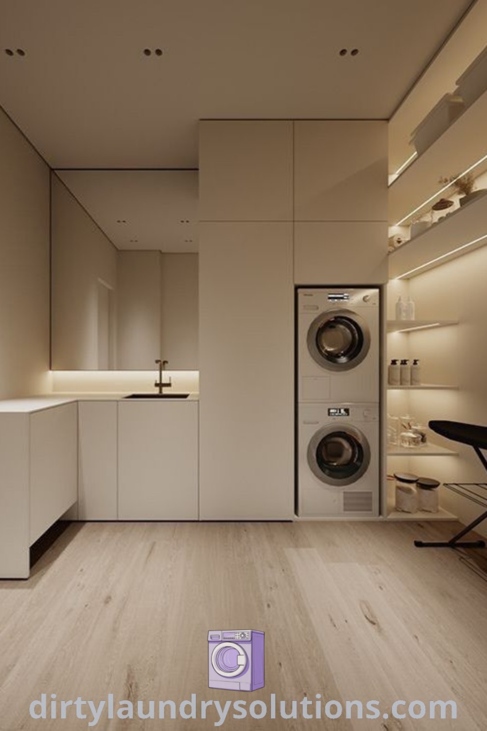 A modern laundry room with a washer and dryer set against white walls and flooring, featuring organized space and stylish decor. Explore unique ideas and solutions for your laundry room at dirtylaundrysolutions.com.