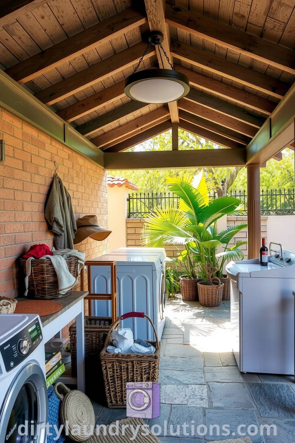 Covered patio laundry space featuring rustic wood beams, stone tiles, overflowing baskets of freshly folded clothes, and plants casting playful shadows. Explore inspiring ideas for your home at dirtylaundrysolutions.com.