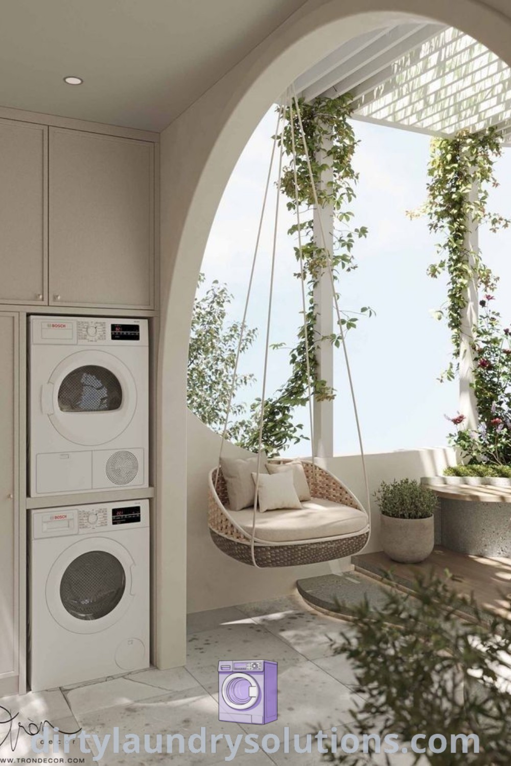 A laundry room with washing machines and flourishing plants, illustrating cozy home ideas and balcony design inspirations. Explore plant ideas for your apartment on dirtylaundrysolutions.com.