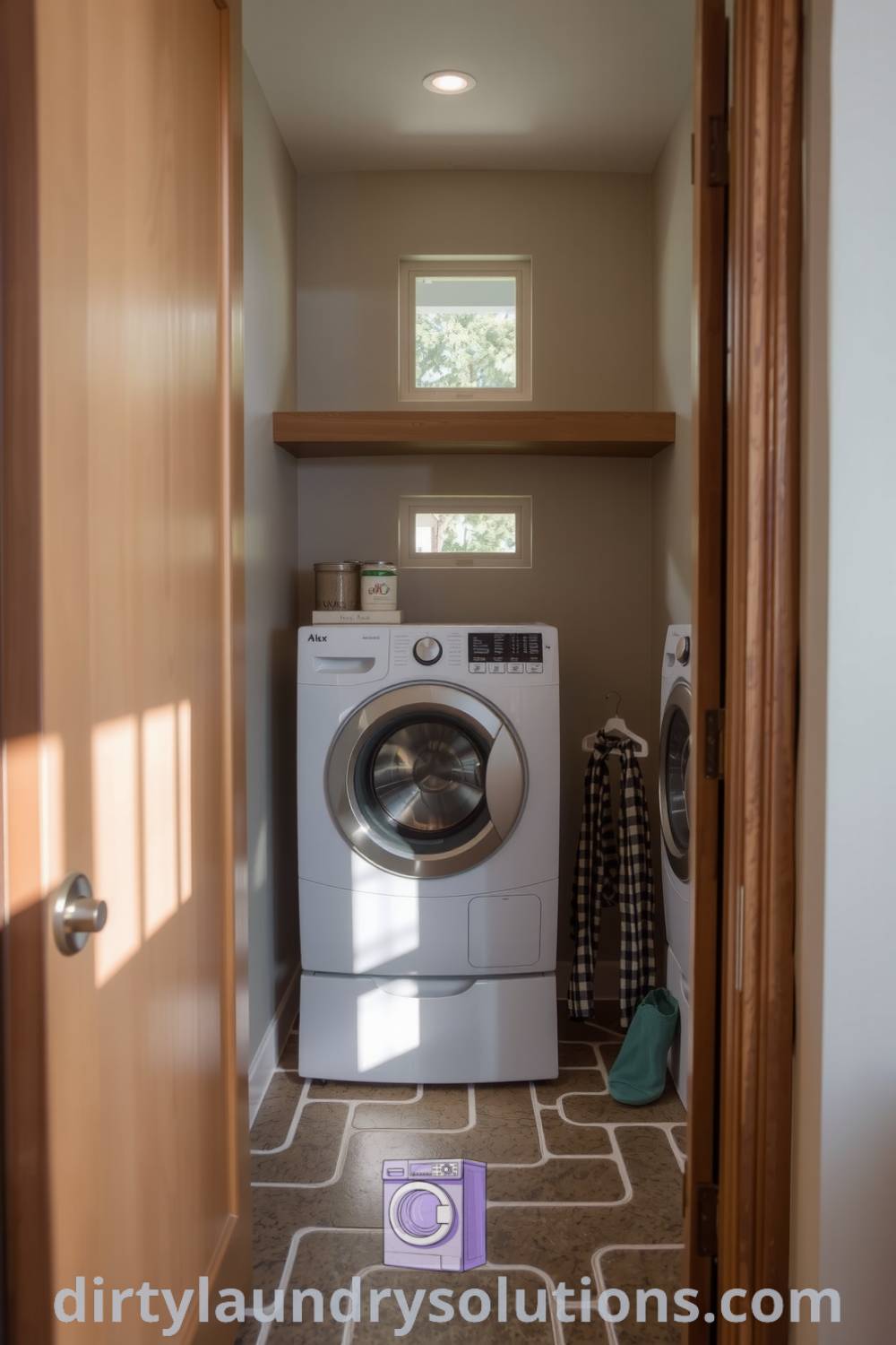 Cozy laundry corner with warm wood, soft stone accents, natural light, and unique floor tiles, blending functionality and charm. Explore cozy ideas for your home at dirtylaundrysolutions.com.