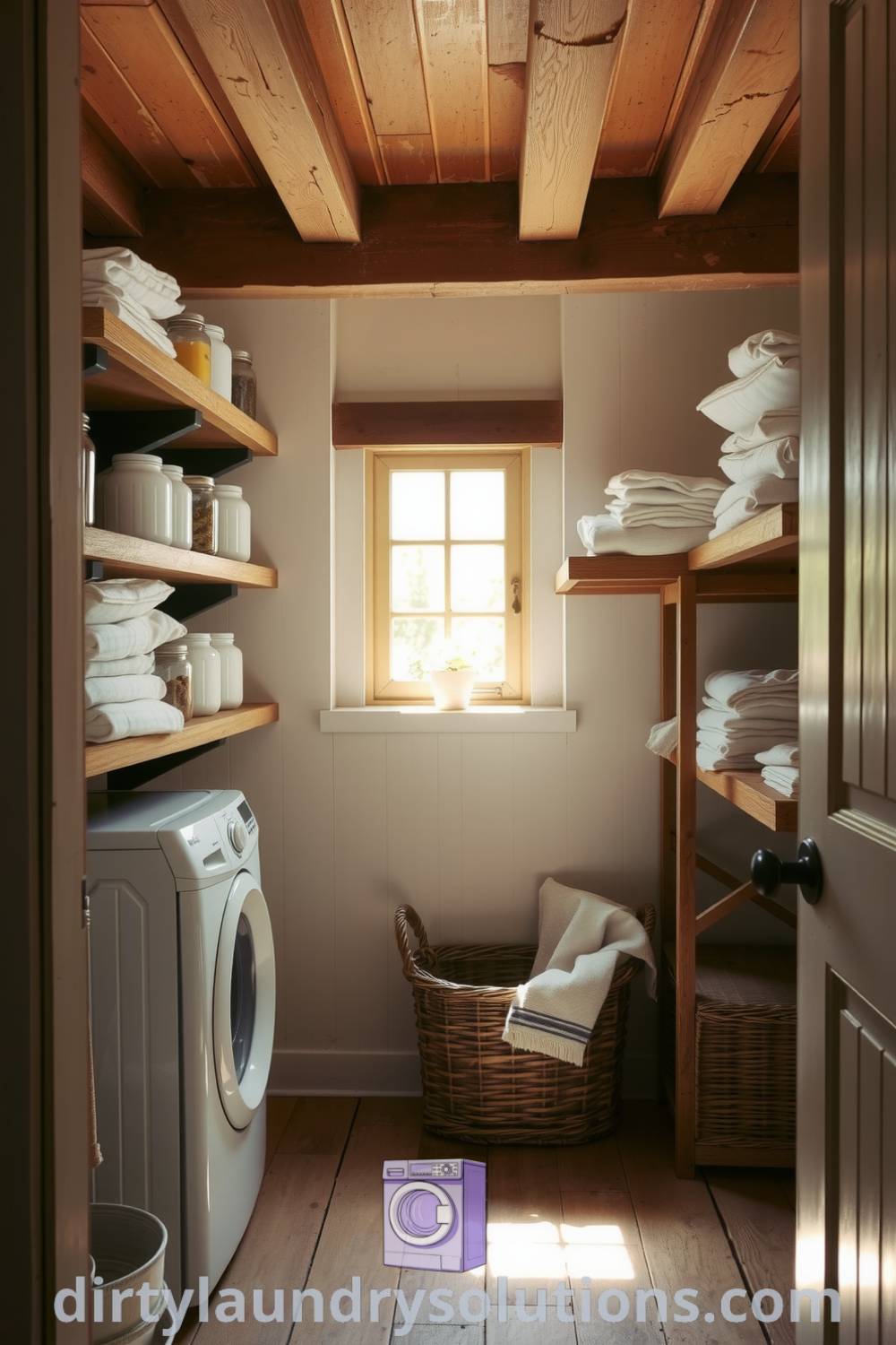 Charming farmhouse laundry room with wooden shelves filled with neatly folded linens, vintage jars, and soft peeling paint. Cozy aesthetic and organizational ideas for small spaces. Find inspiring designs and unique ideas for your home at dirtylaundrysolutions.com.