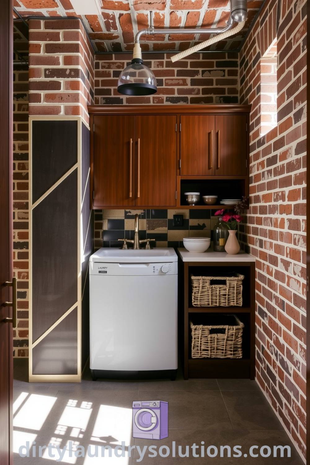 Art Deco basement laundry featuring exposed brick walls, vintage-style sink, polished metal accents, and stylish storage baskets that blend elegance with functionality. Discover more inspiring ideas for your home at dirtylaundrysolutions.com.