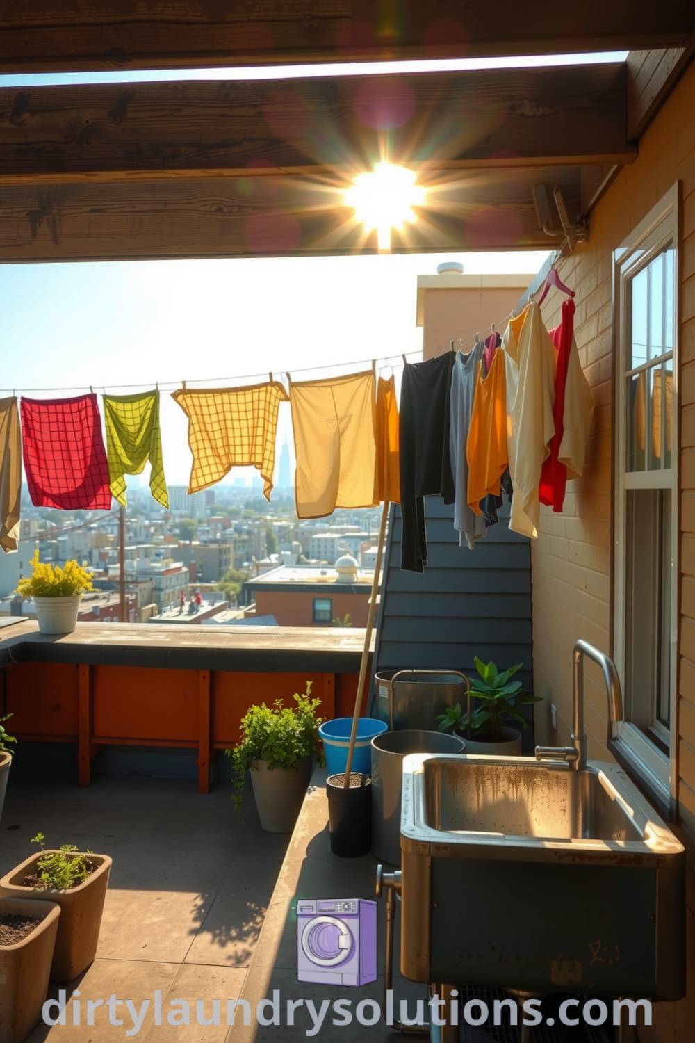 Sun-drenched rooftop laundry area featuring weathered wooden beams, colorful lines of freshly washed linens, a rusted metal sink, and a small herb garden, creating an inspiring and cozy atmosphere. Explore unique ideas for your home at dirtylaundrysolutions.com.