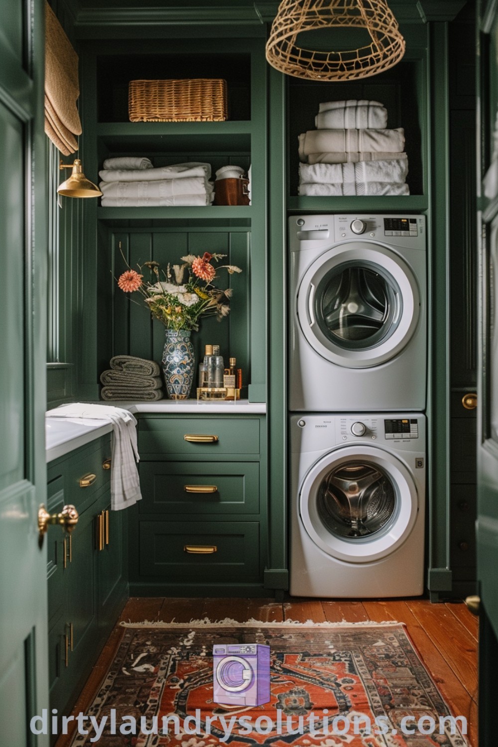 A washer and dryer in a small utility room with green painted walls and wood flooring, featuring ideas for cozy aesthetic and smart organization. Discover laundry room ideas and inspirations at dirtylaundrysolutions.com.
