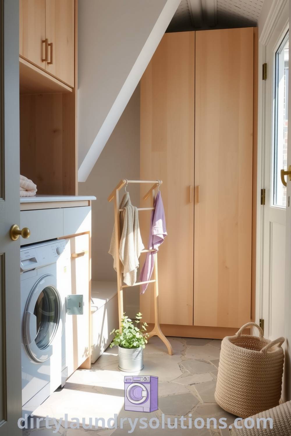 Cozy Scandinavian laundry nook featuring soft wood tones, light cabinetry, a sturdy drying rack, and a potted plant, creating a serene and inviting atmosphere. Explore inspiring ideas for your home at dirtylaundrysolutions.com.