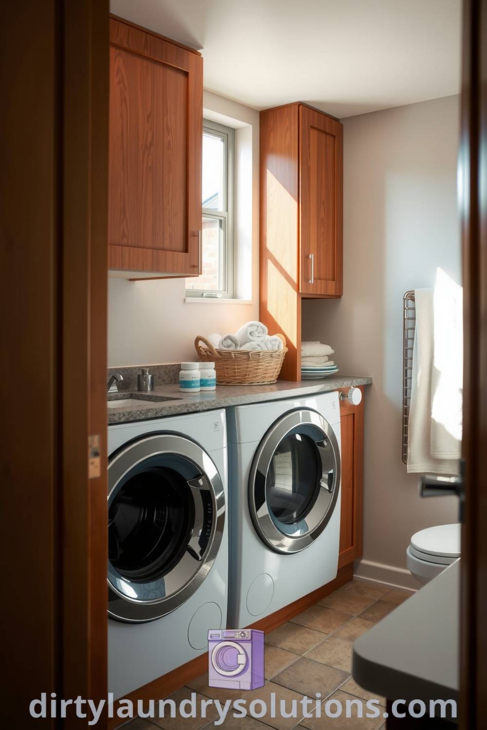 Laundry space featuring sleek washer and dryer among warm wooden cabinetry, softly illuminated by natural light, with a rustic basket of rolled towels, creating a cozy and inviting atmosphere. Explore inspiring design ideas for your home at dirtylaundrysolutions.com.