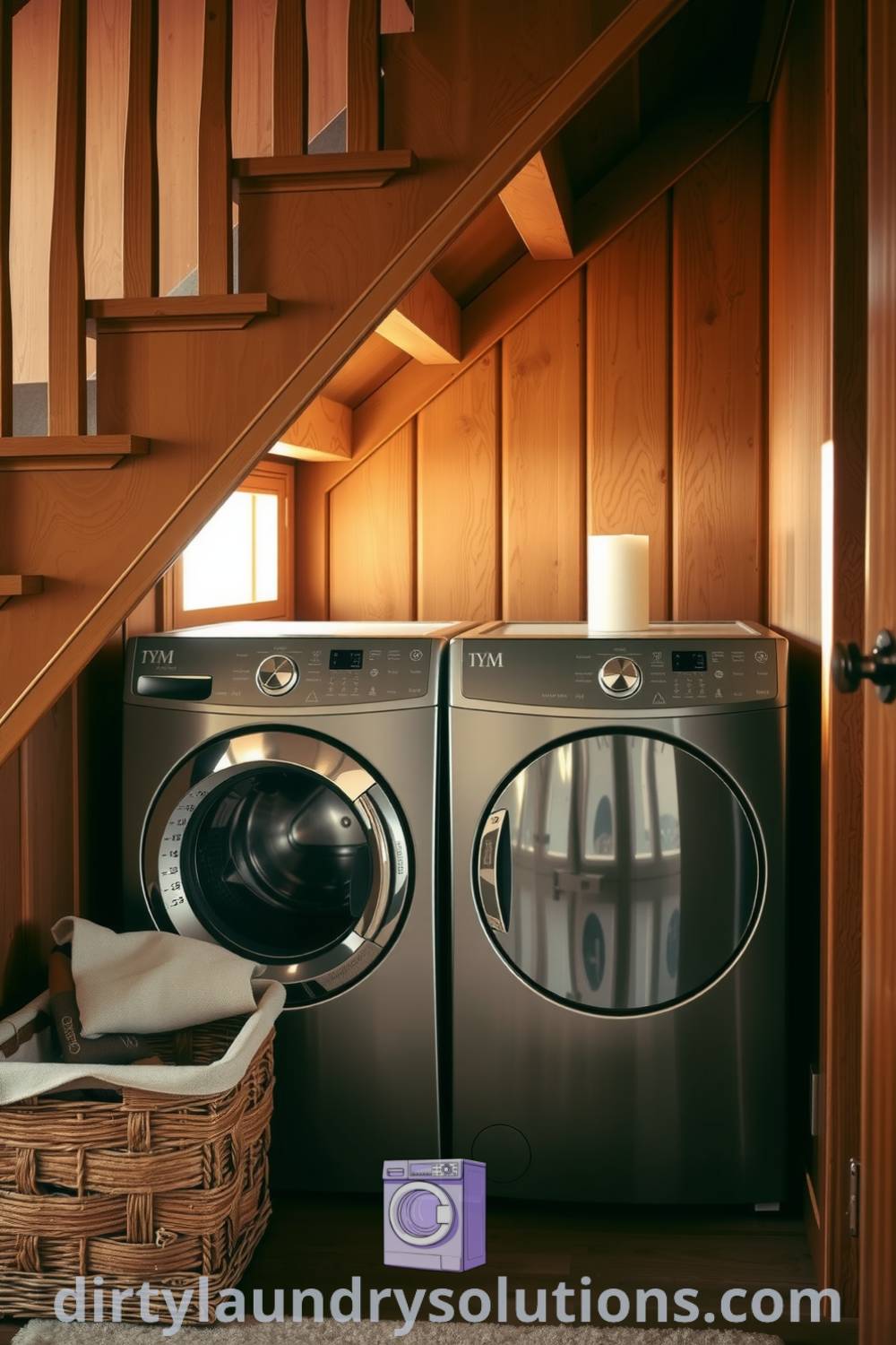Cozy laundry nook under the staircase with polished appliances, rustic wooden treads, soft lighting, and woven baskets for organization, creating a functional and inviting space. Explore unique ideas for your home at dirtylaundrysolutions.com.