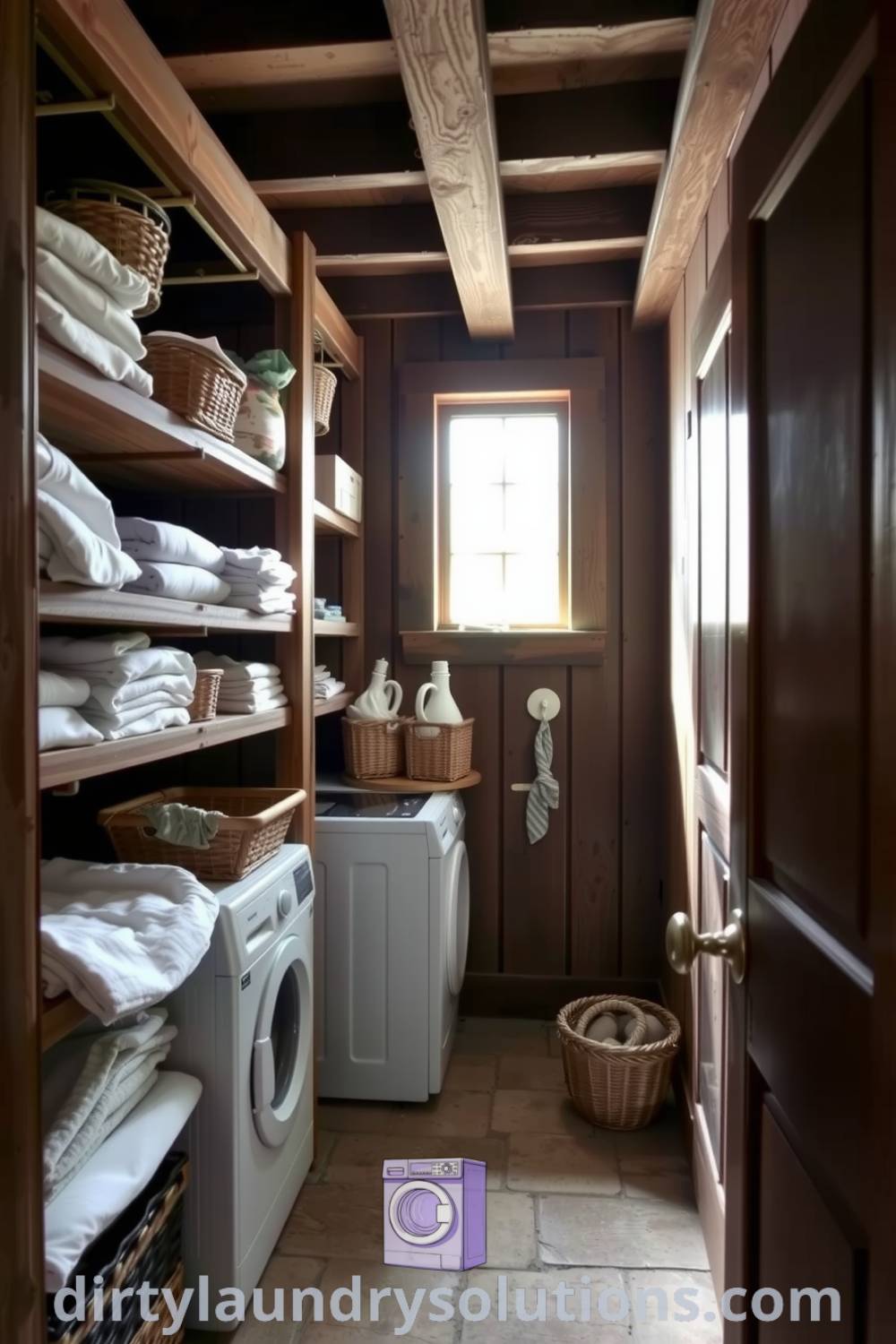 Cozy farmhouse laundry room with rustic wooden shelves, neatly folded linens, natural light, and a stone floor, creating a warm and inviting retreat. Discover more inspiring ideas for your home at dirtylaundrysolutions.com.