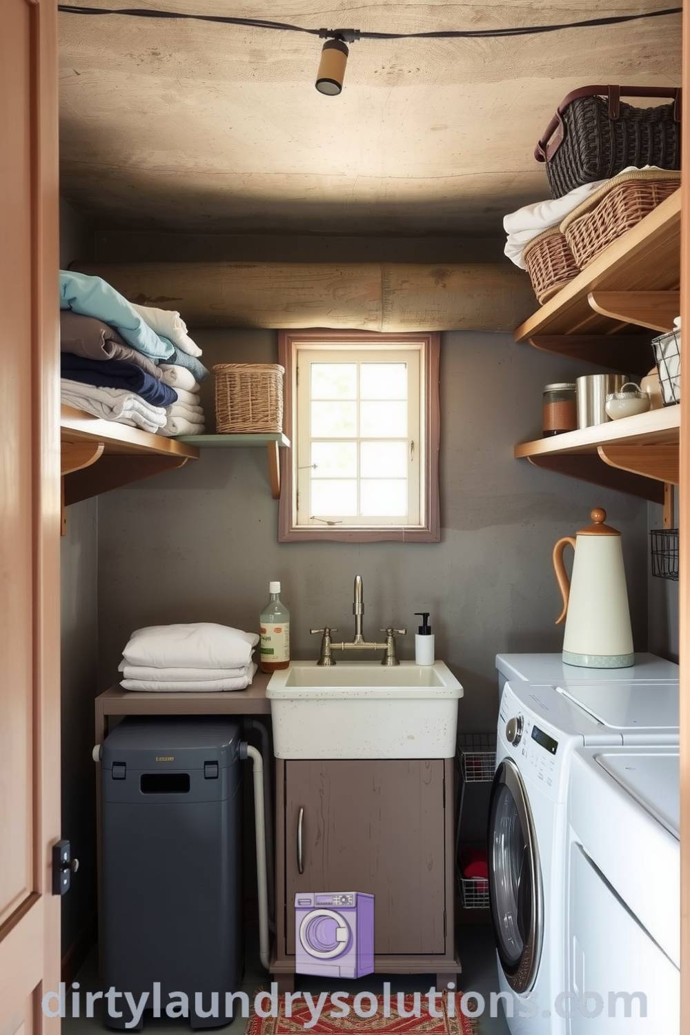 Cozy basement laundry with natural light, vintage wooden shelves, and a utility sink, blending practical storage solutions with a warm, inviting atmosphere. Discover more inspiring ideas for your home at dirtylaundrysolutions.com.