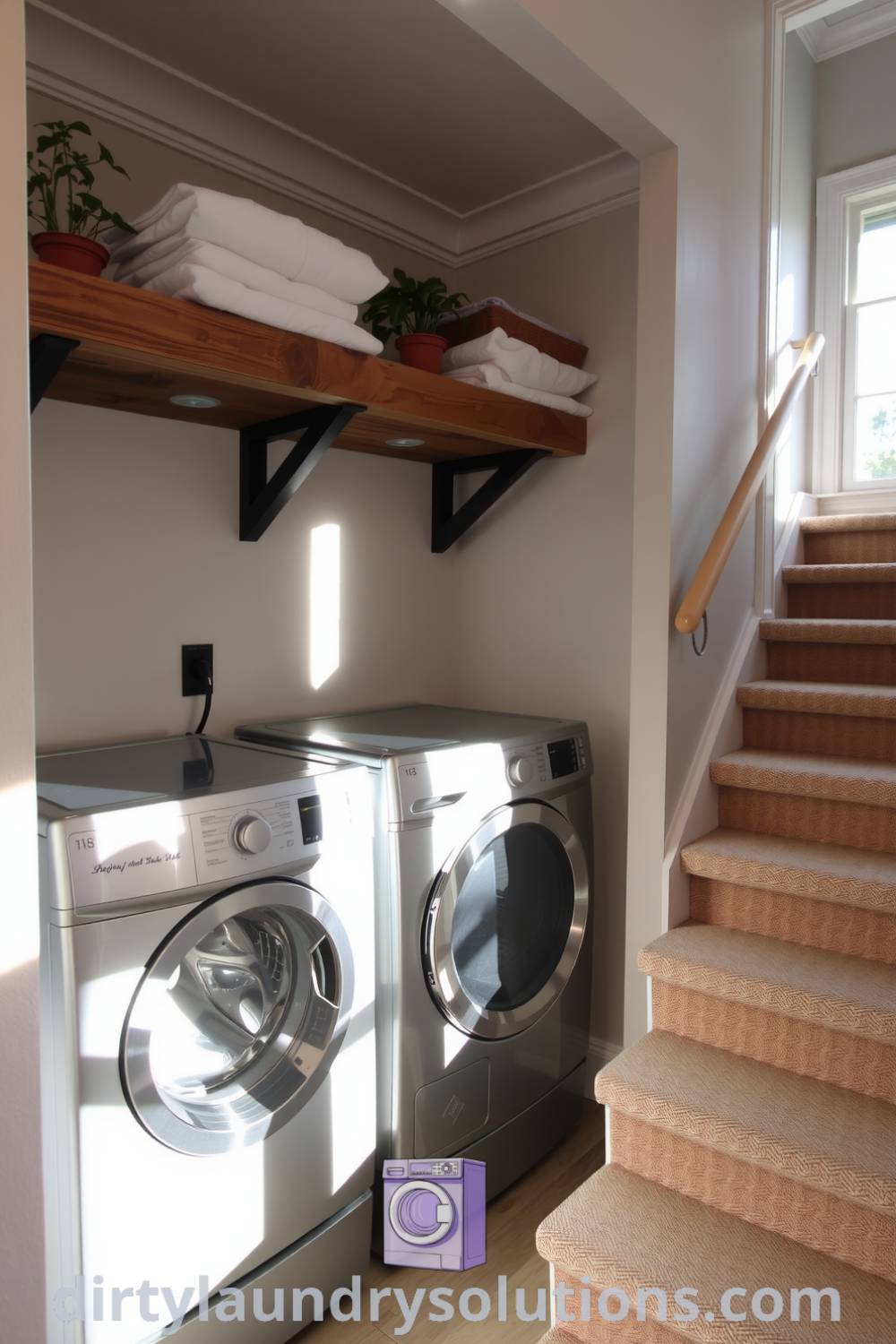 Compact laundry nook featuring metallic washer and dryer, rustic wooden shelves with folded linens and plants, warm afternoon light creating a cozy atmosphere. Discover more cozy ideas for your home at dirtylaundrysolutions.com.