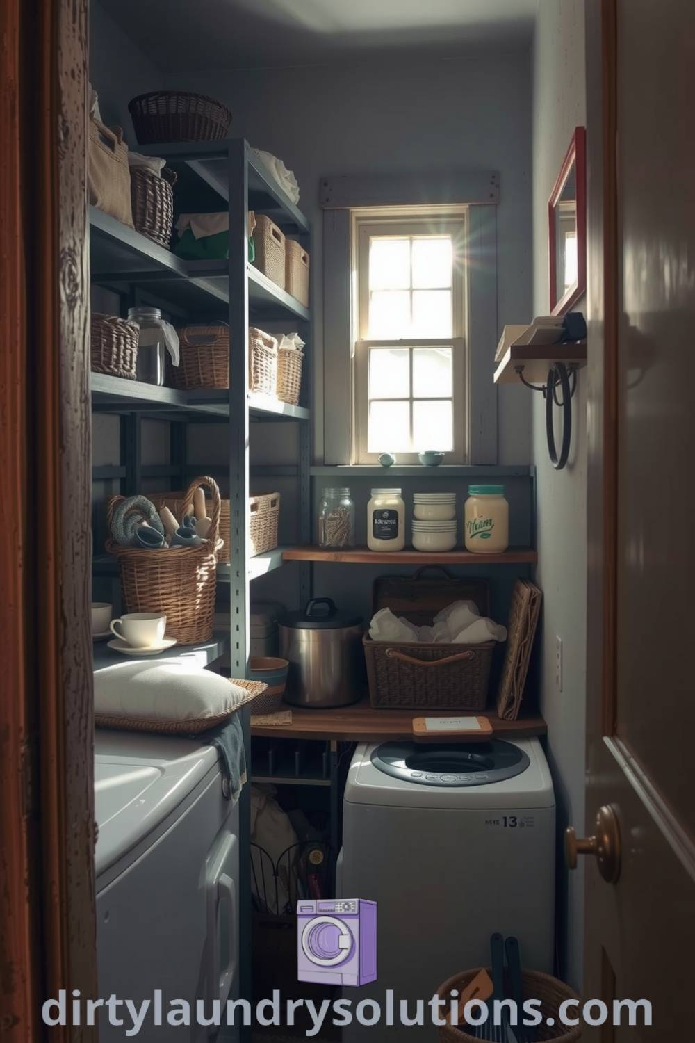 Cozy hidden laundry room with neatly arranged baskets and jars, warm sunlight filtering through a window, and a blend of weathered wood and metal elements, creating an inviting atmosphere. Discover more inspiring ideas for your home at dirtylaundrysolutions.com.