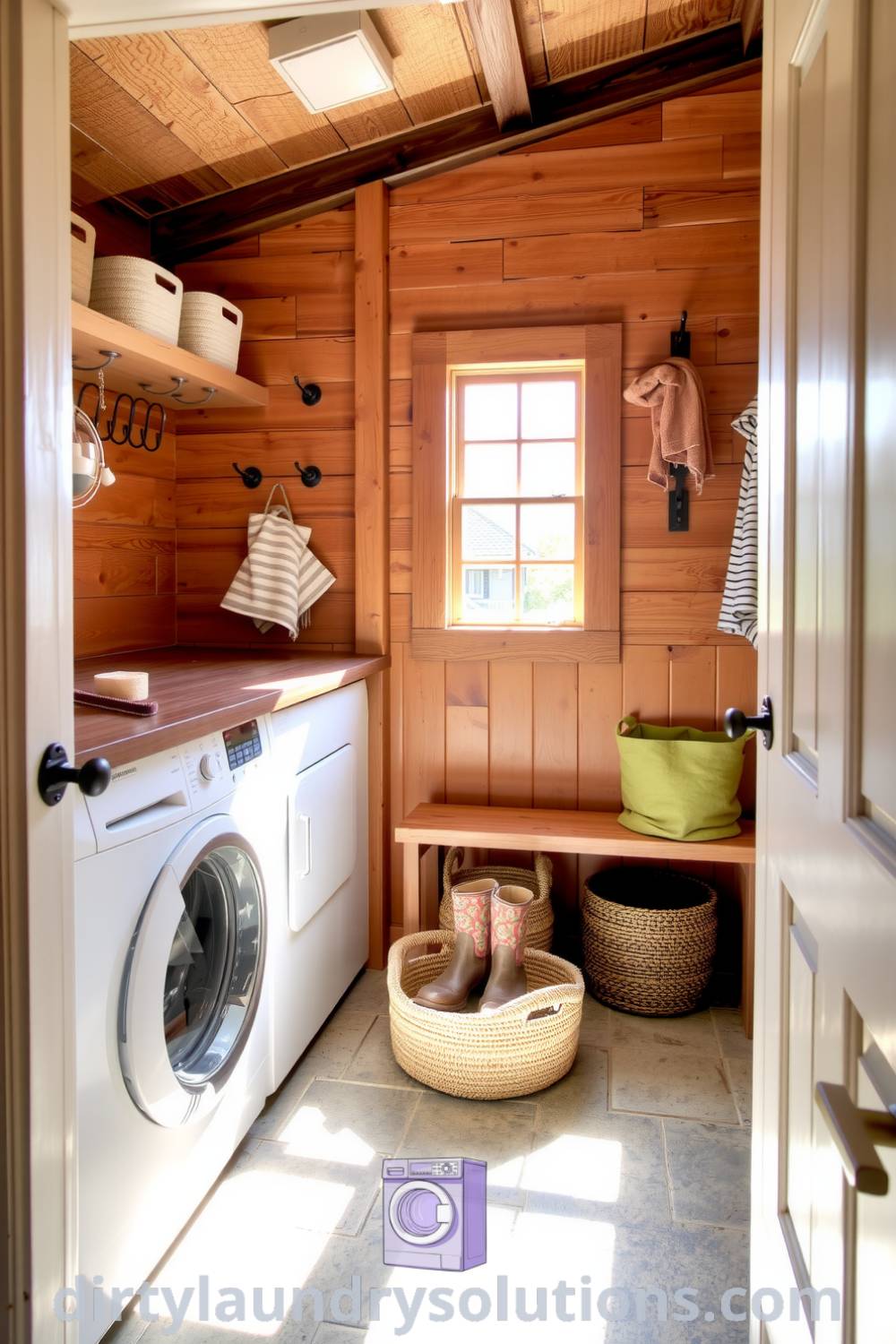 Cozy farmhouse mudroom laundry with rustic wooden counters, vintage hooks, well-worn bench, and natural fiber baskets, evoking a warm and inviting atmosphere. Discover more inspiring ideas for your home at dirtylaundrysolutions.com.