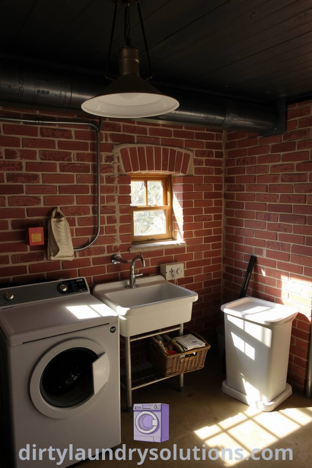 Cozy basement laundry with exposed brick walls, a utility sink, and a washer-dryer unit, featuring natural light filtering through a small window, creating an inviting atmosphere. Discover inspiring ideas for your home at dirtylaundrysolutions.com.