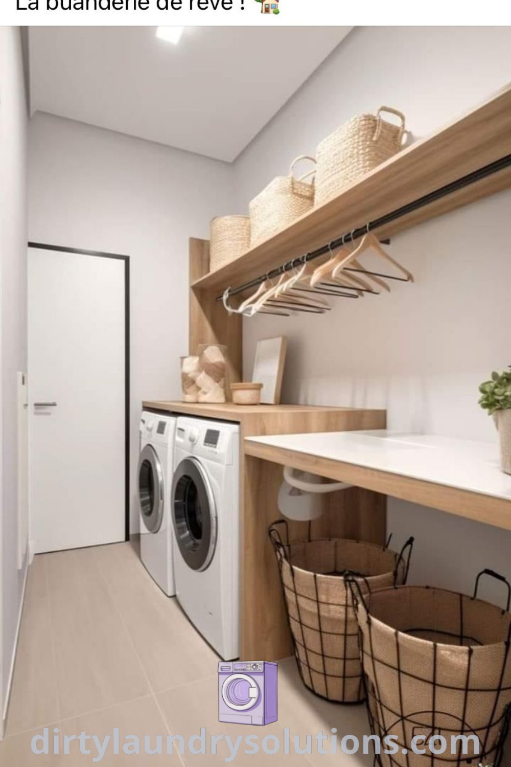 A clean laundry room with a drying rod and hanging rack, showcasing design ideas for a cozy home and efficient utility space. Explore more laundry room inspirations and organization ideas at dirtylaundrysolutions.com.