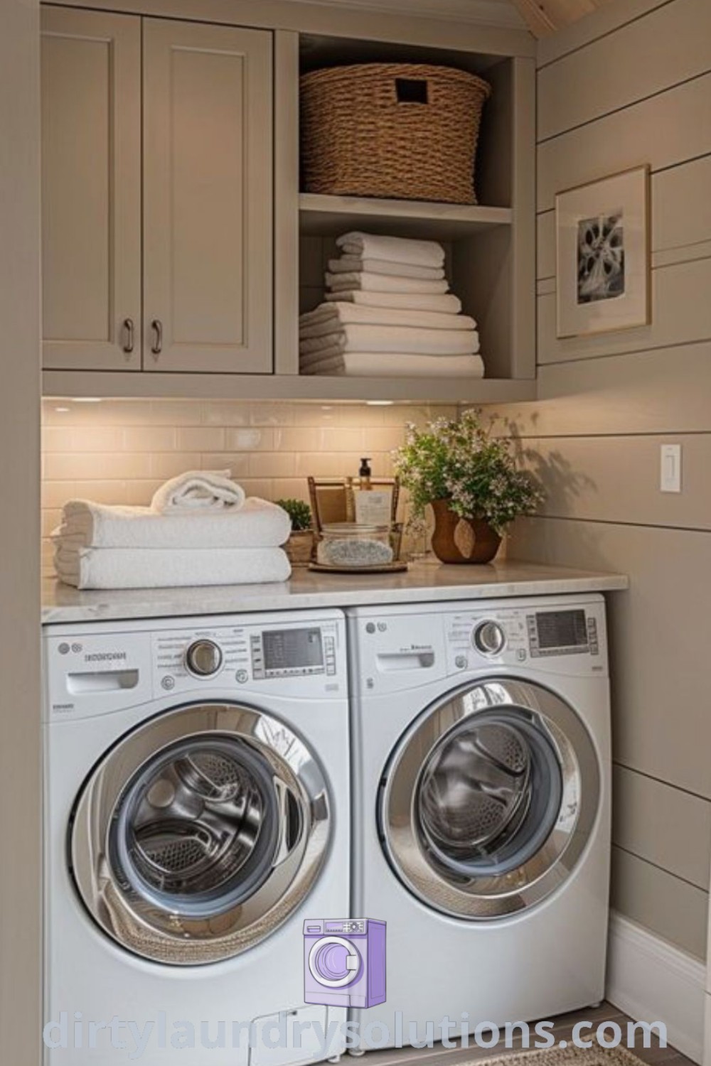 A luxury washing machine and dryer in a beautifully designed laundry room with shelves filled with towels, showcasing effective organization ideas and cozy aesthetics for small spaces. Discover more inspiring solutions at dirtylaundrysolutions.com.