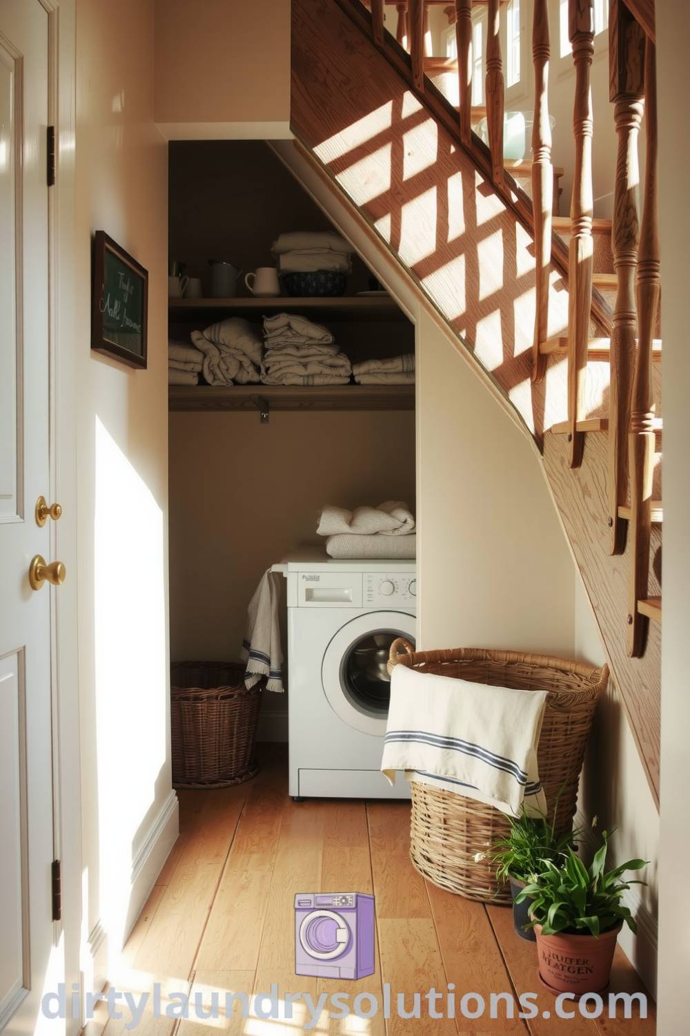 Cozy laundry area under the staircase featuring rustic wooden shelves, soft wall colors, sunlight on linens, vintage laundry basket, and potted herbs, perfect for small spaces. Discover unique ideas and inspirations for your home at dirtylaundrysolutions.com.