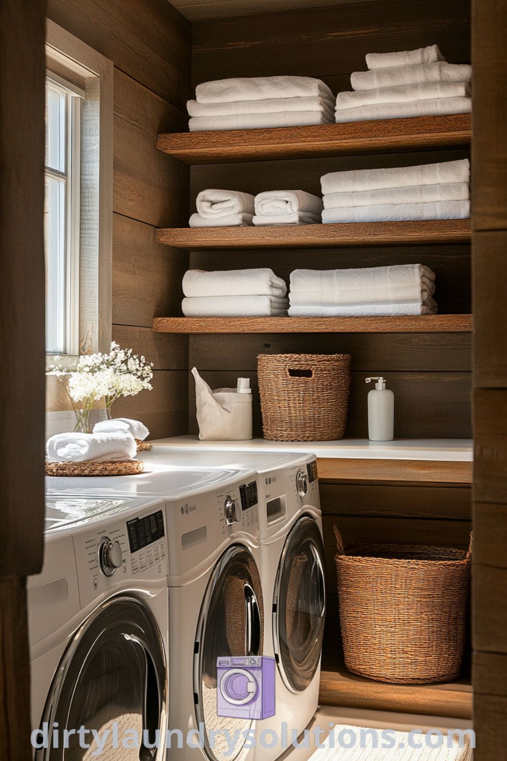 Cozy laundry room with built-in shelving, neatly stacked towels, muted washer and dryer, and soft light creating a warm and inviting atmosphere. Discover more inspiring ideas for your home at dirtylaundrysolutions.com.