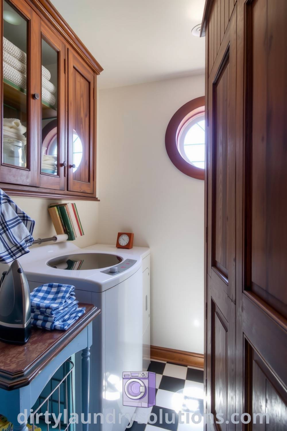 Cozy retro laundry hallway with vintage wooden cabinets, checkerboard tiles, porthole window, and an antique iron, creating an inviting atmosphere that inspires organization ideas for busy homes. Discover more cozy ideas for your home at dirtylaundrysolutions.com.