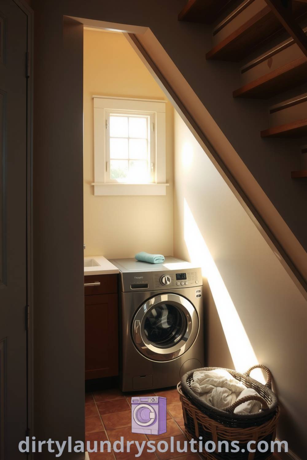 Cozy laundry nook under the staircase with pastel walls, sleek washer and dryer, and natural light, creating an inviting atmosphere perfect for small spaces. Discover more unique ideas for your home at dirtylaundrysolutions.com.