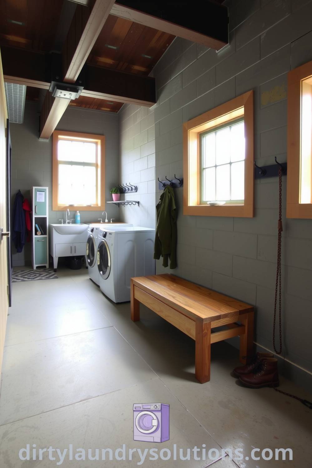 Industrial mudroom laundry with concrete floors, exposed metal beams, rugged wood bench, industrial hooks, and tall windows creating a cozy aesthetic. Explore unique design ideas and inspiring solutions to freshen up your space at dirtylaundrysolutions.com.