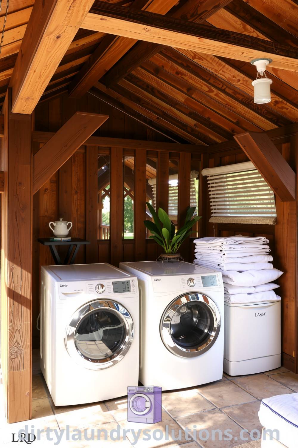 Cozy patio laundry nook with weathered wood beams, stone flooring, and sunlight filtering through blinds, creating an inviting atmosphere for functionality and comfort. Discover more cozy ideas for your home at dirtylaundrysolutions.com.