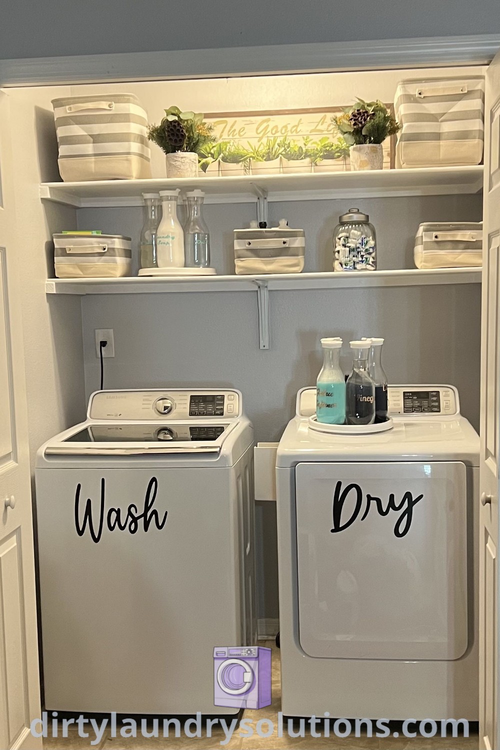A cozy laundry room featuring a washer and dryer in a small space, decorated with organizational elements and inviting design ideas, perfect for busy homes. Discover more smart solutions for small laundry rooms at dirtylaundrysolutions.com.