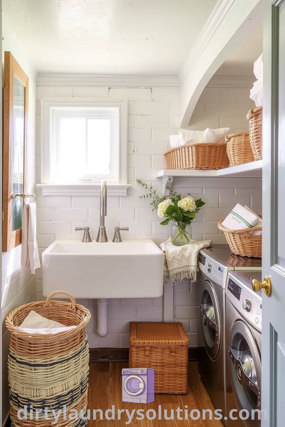 Coastal basement laundry featuring sandy tones, weathered wood accents, vintage sink, and woven baskets, creating a serene atmosphere. Discover unique ideas for your home at dirtylaundrysolutions.com.
