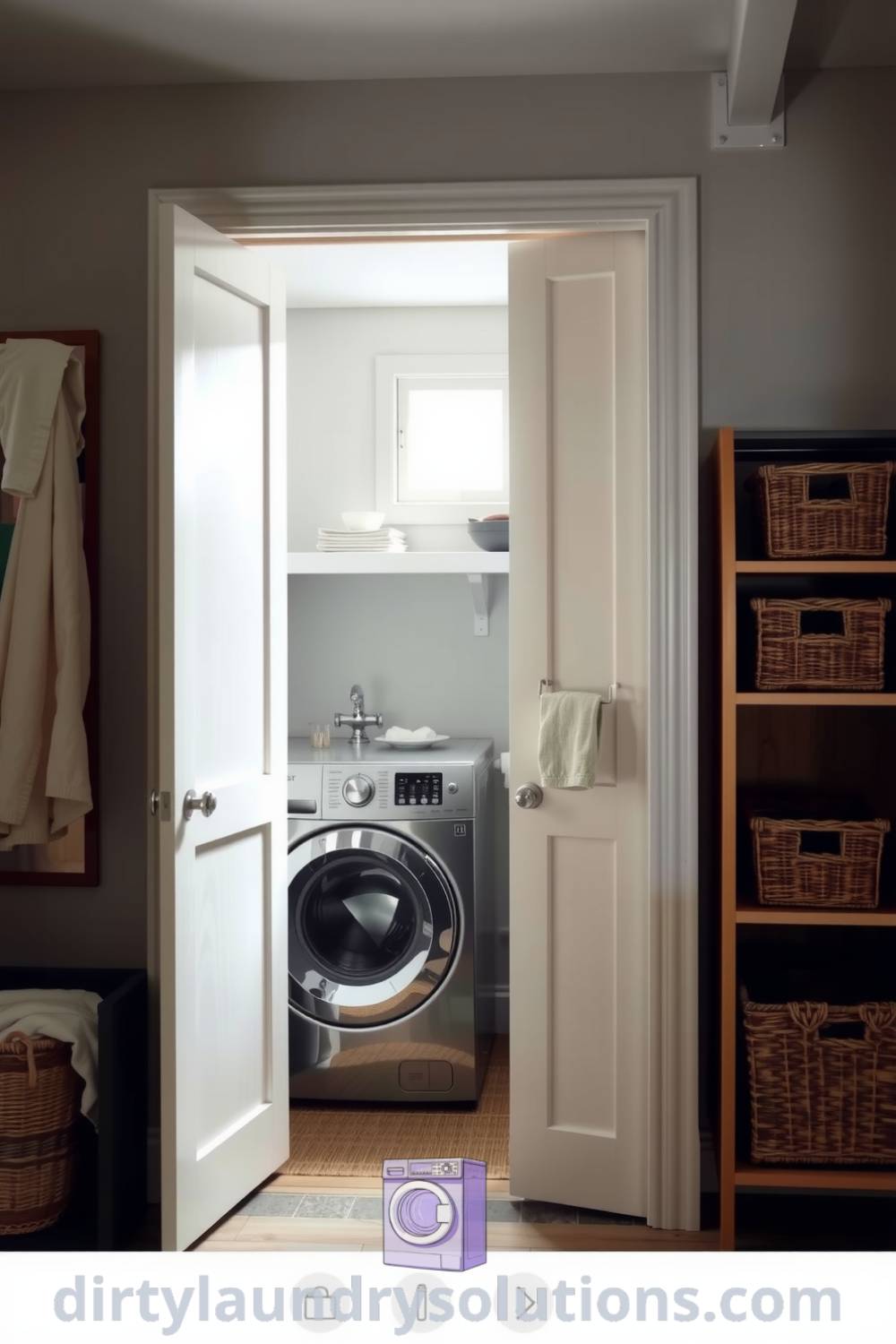 Cozy Scandinavian laundry area featuring pale wooden cabinetry, textured linens, and organized woven baskets, radiating calm efficiency. Explore unique ideas and solutions to freshen up your space at dirtylaundrysolutions.com.