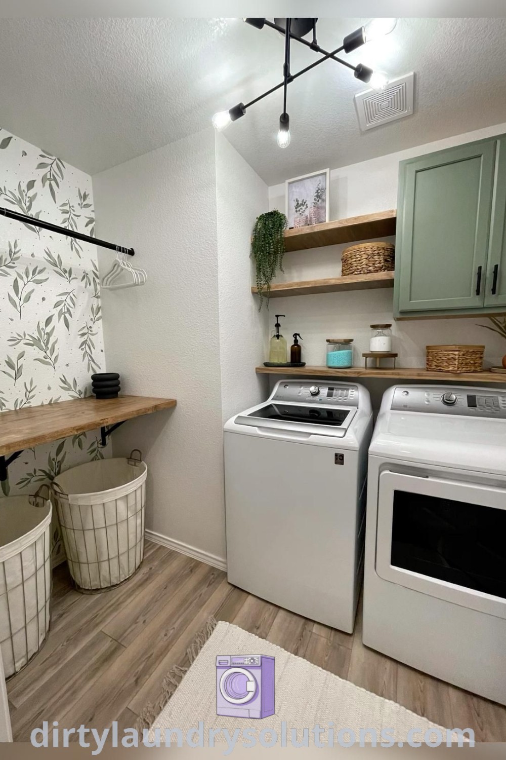 A stylish laundry room featuring a hand-painted accent wall, organized shelves, and a DIY laundry basket, showcasing functional decor ideas for small spaces. Discover more laundry room design inspirations at dirtylaundrysolutions.com.
