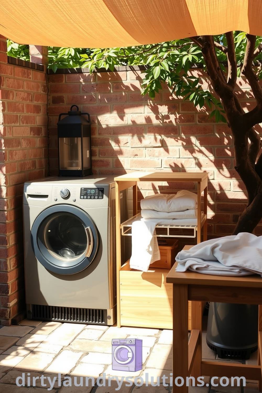 Utility courtyard laundry space with washer and dryer against weathered brick, wooden table for linens, and gentle sunlight creating a cozy atmosphere. Explore inspiring ideas for your home at dirtylaundrysolutions.com.